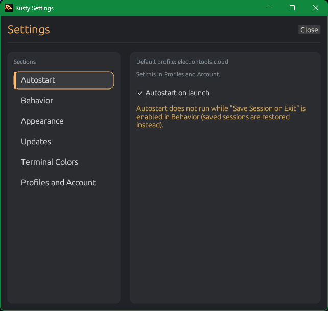 Rusty settings autostart section
