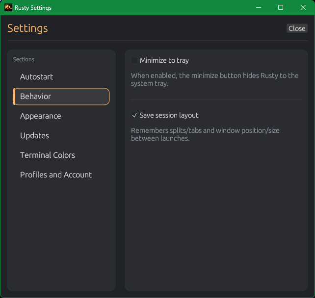 Rusty settings behavior section