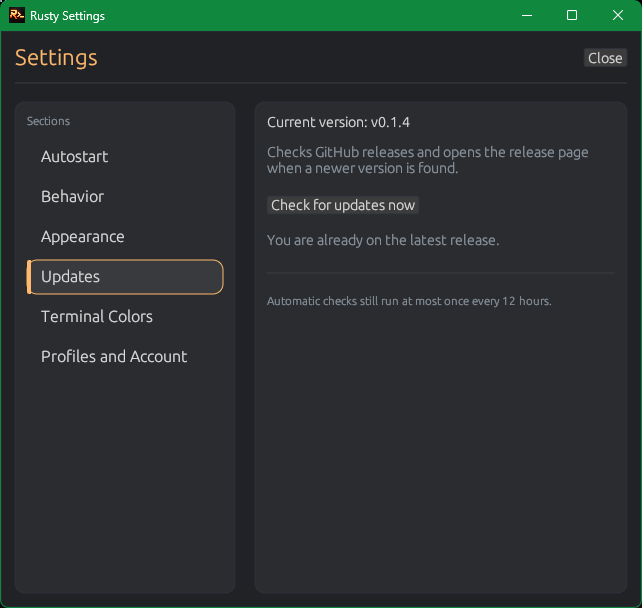 Rusty settings updates section